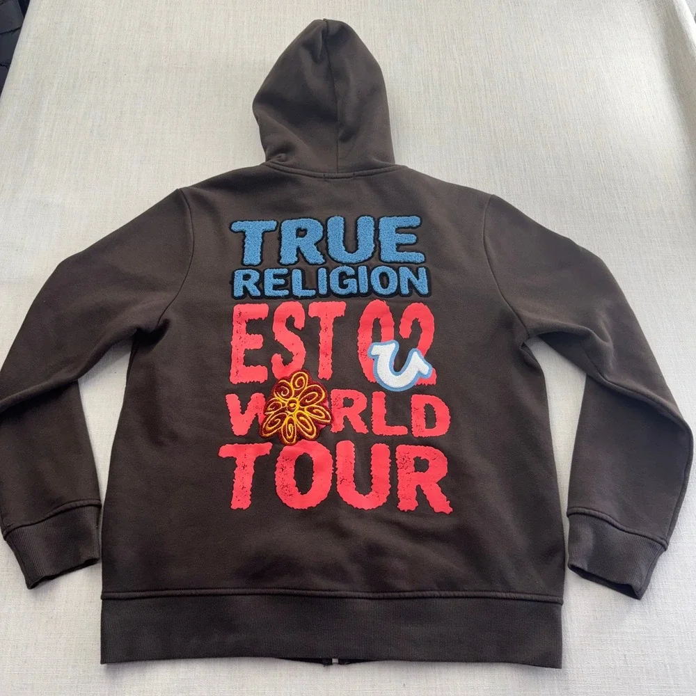 True Religion True Flower EST 02 World Tour Brown Zip Y2K Hoodie Chenille Size L